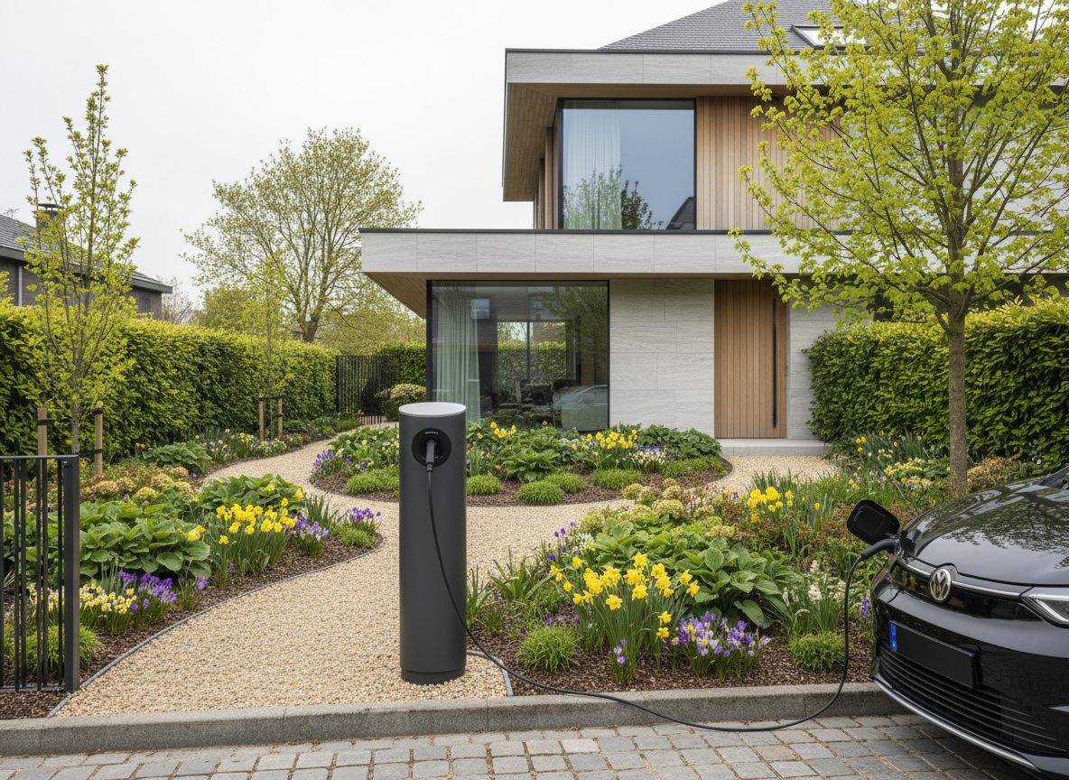 laadpaal installatie bij bakstenen woning in Flandre