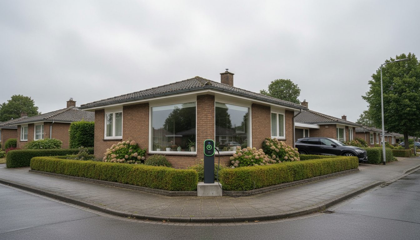 Straatbeeld met laadpaal op woning in Flandre