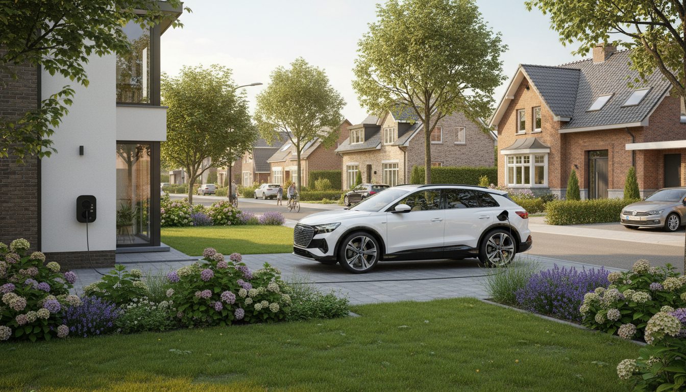 Straatbeeld met laadpaal op woning in Flandre in de zomer